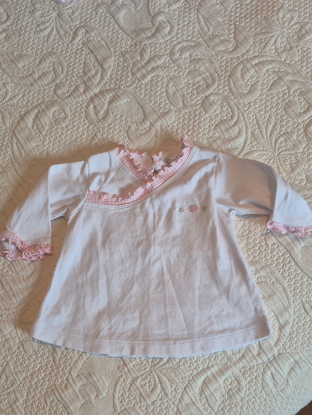Kissy Kissy girls size 6-9 months long sleeve top gingham trim VGUC pink white